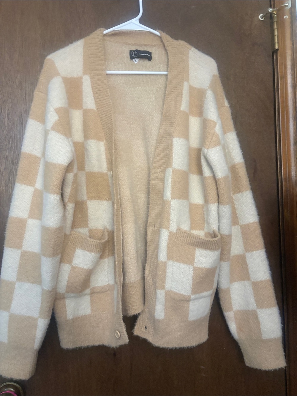 Original Use Checkerboard Open-Front Cardigan - Beige & Cream